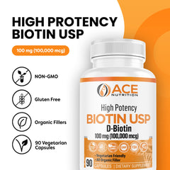 ACE NUTRITION Biotin capsules closeup, easy swallow and hair/nails support