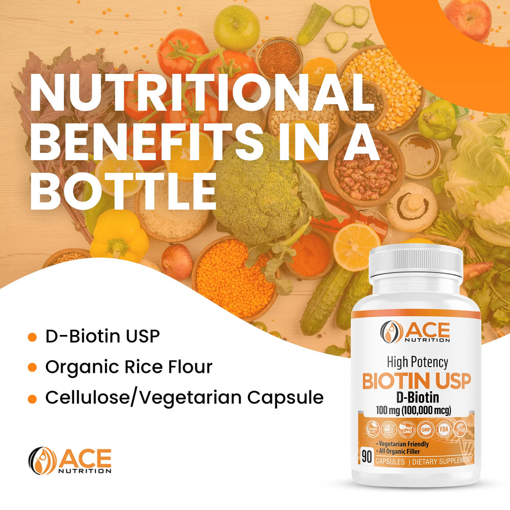 ACE NUTRITION Biotin glass bottle, premium vegetarian capsules