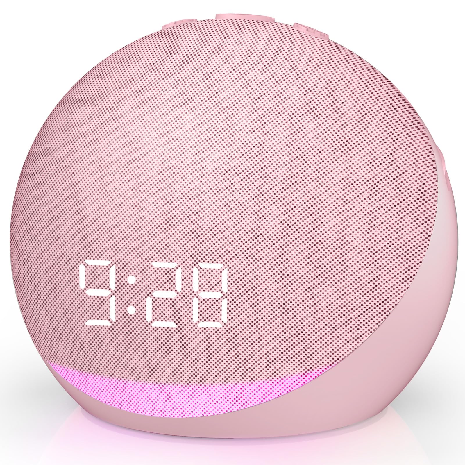 Acedeck Pink Sound Machine Alarm Clock on nightstand, soothing nights and gentle wake