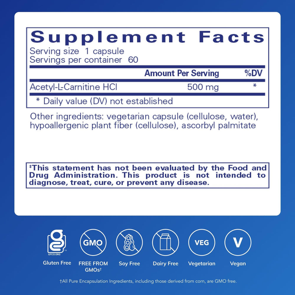 Acetyl-L-Carnitine 500 mg capsules close-up for daily focus.