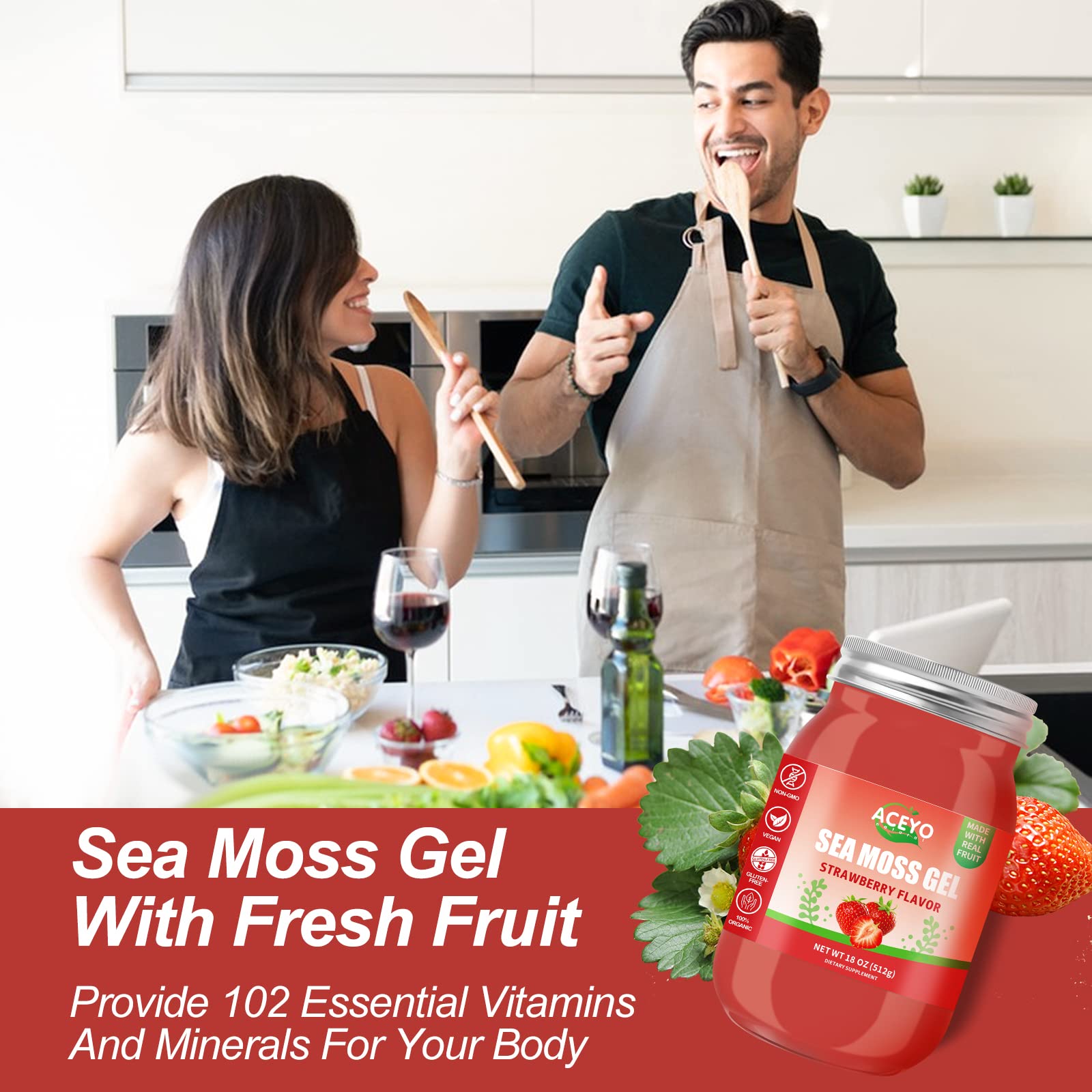 ACEYO Sea Moss Gel family use suggesting kid-friendly strawberry flavor