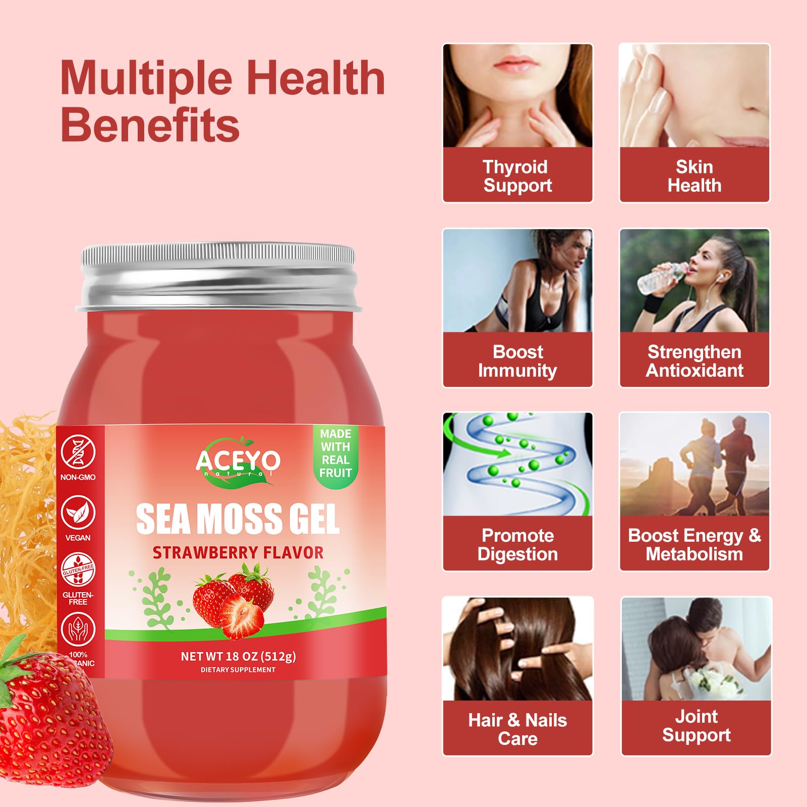 ACEYO Sea Moss Gel ingredients label with gluten-free, non-GMO notes