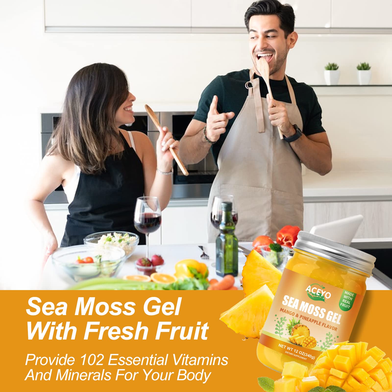 ACEYO Irish Sea Moss Gel kitchen serve image highlighting family-friendly mango pineapple flavor.