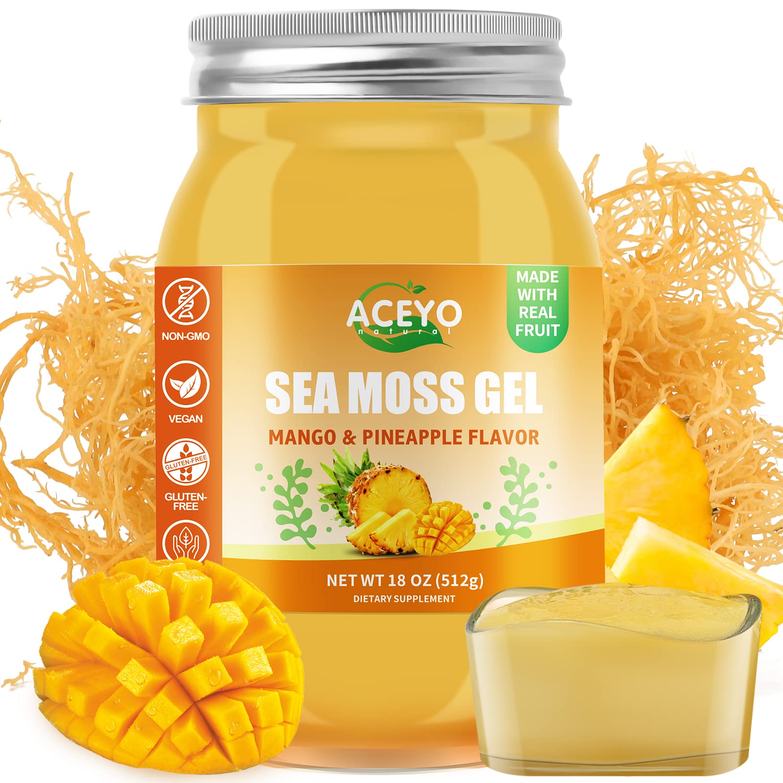 ACEYO Irish Sea Moss Gel Mango Pineapple bottle for easy daily wellness