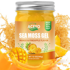 ACEYO Irish Sea Moss Gel bottle with mango pineapple flavor for daily energy and immune support.