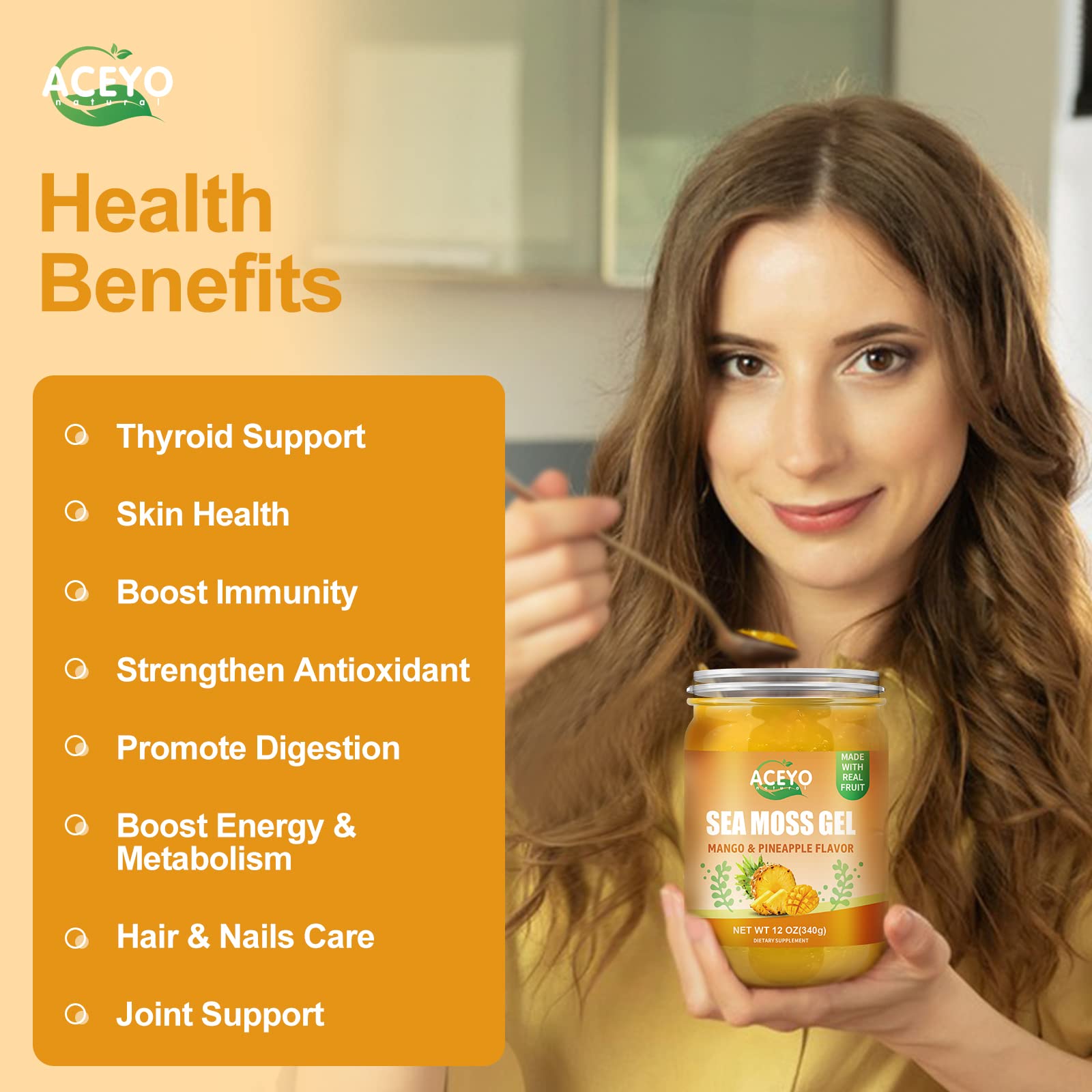 ACEYO Sea Moss Gel smoothie-ready scene highlighting fruit flavor and natural nutrients.