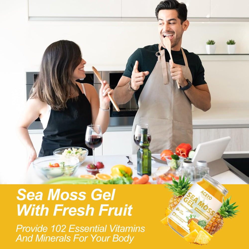 aceyo sea moss gel gluten-free non-GMO label in kitchen