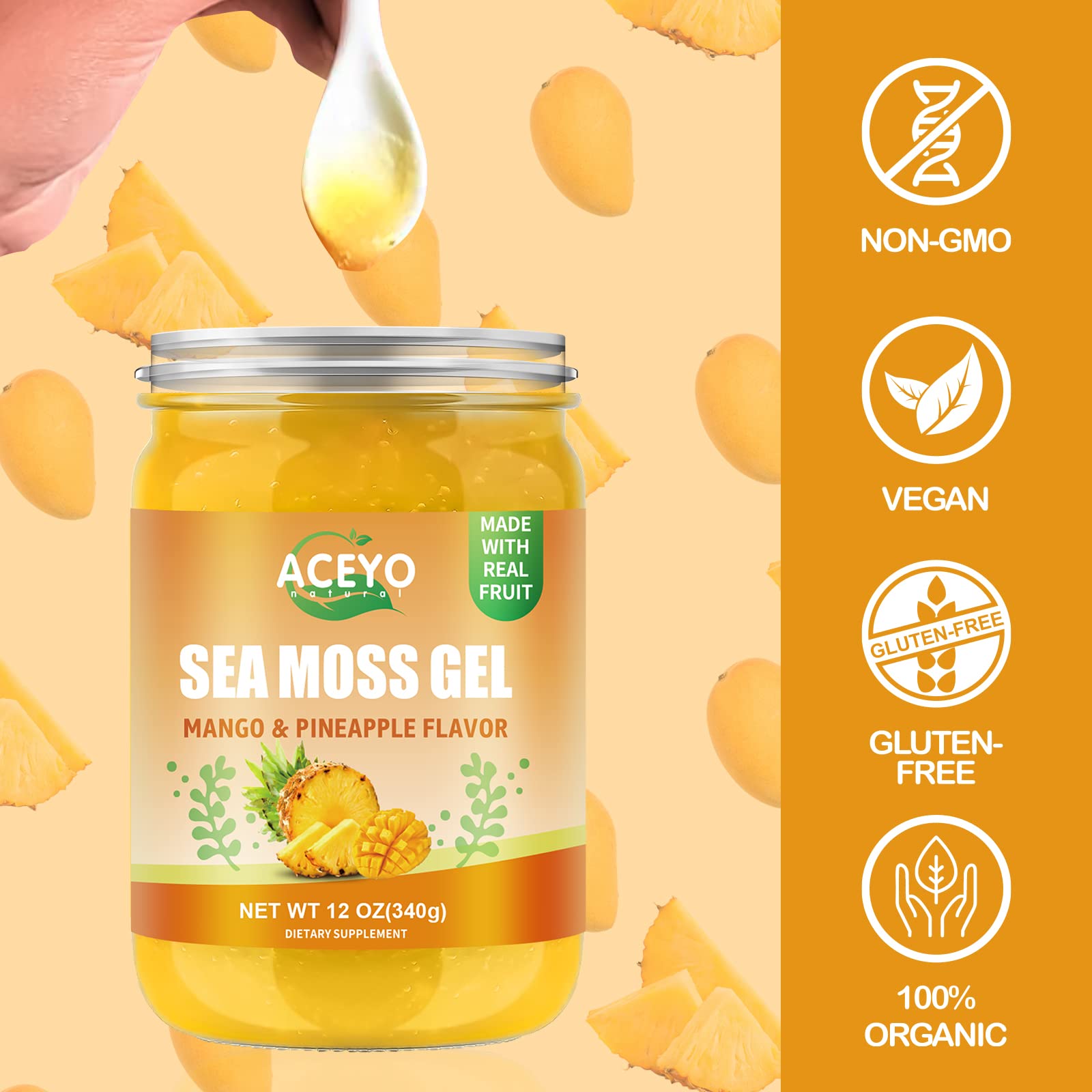 ACEYO sea moss gel label packaging image showing gluten-free and non-GMO credentials.