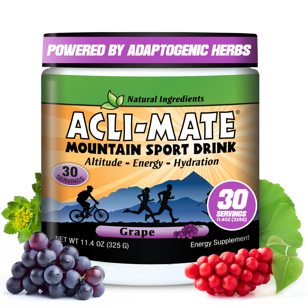 Acli-Mate Mountain Sport Drink Mix tub front with grape flavor supports hydration on outdoor adventures.