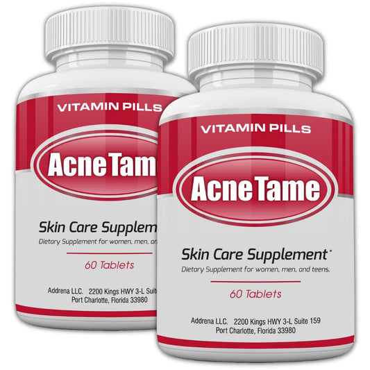 Acnetame 2-pack bottle front view for clearer skin support.