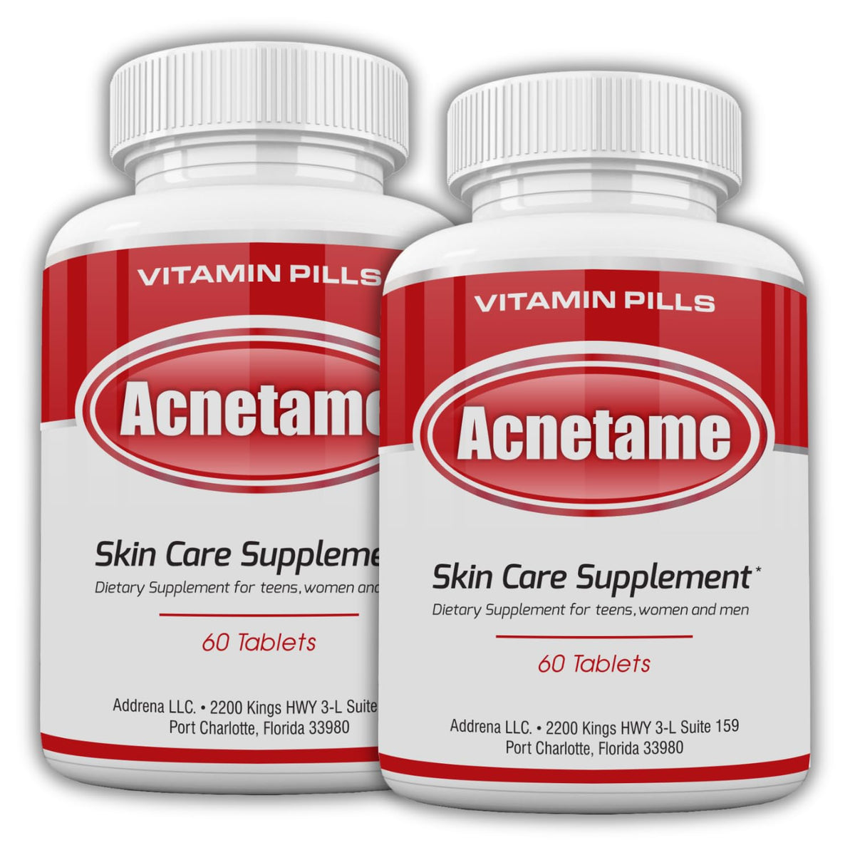 Acnetame acne pills 2-pack bottle on display for clearer skin support.