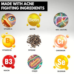 Acnetame acne pills close-up tablets highlighting daily oil balance potential.