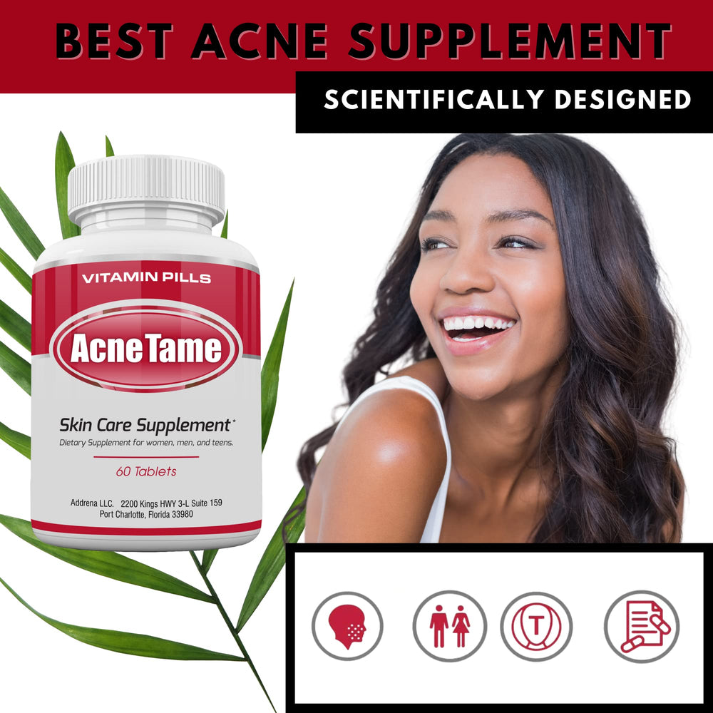 Acnetame bottle front view highlights vitamin blend for skin nourishment.
