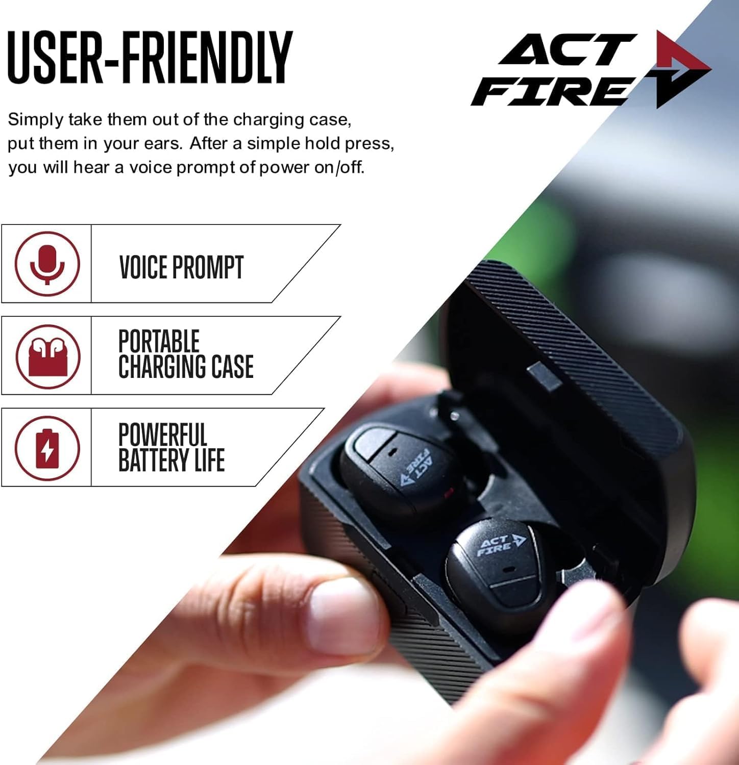 ACT FIRES Shooting Ear Buds Outdoor Mode enhances clarity in outdoor shooting.