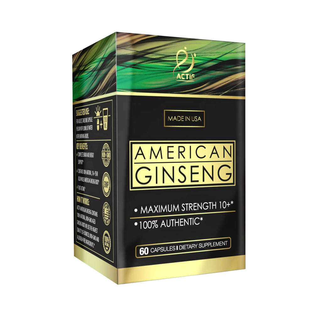 ACTIF American Ginseng bottle front view highlighting 10-year-old ginseng and energy-forward formula