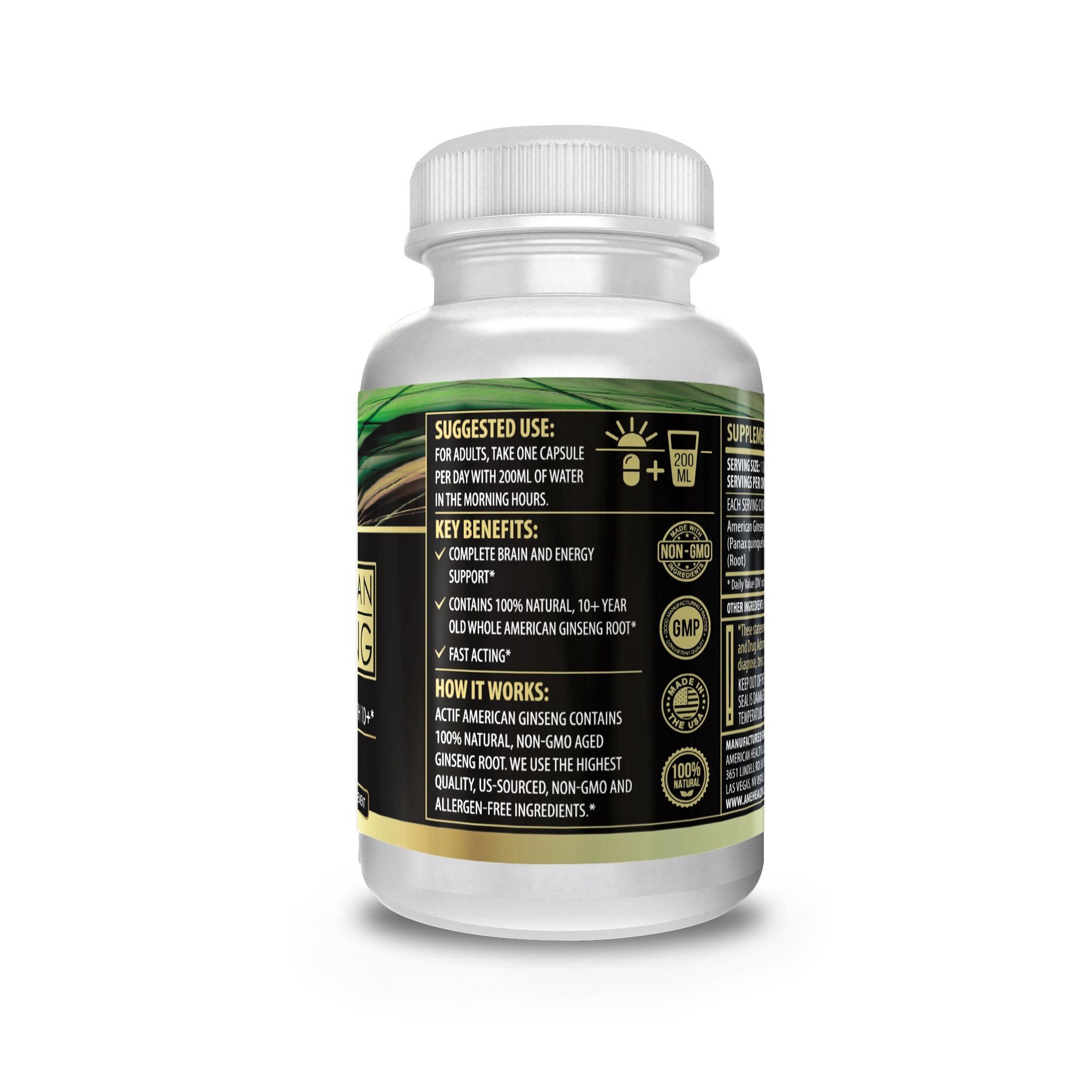ACTIF American Ginseng label emphasizes Non-GMO and organic ingredients for purity