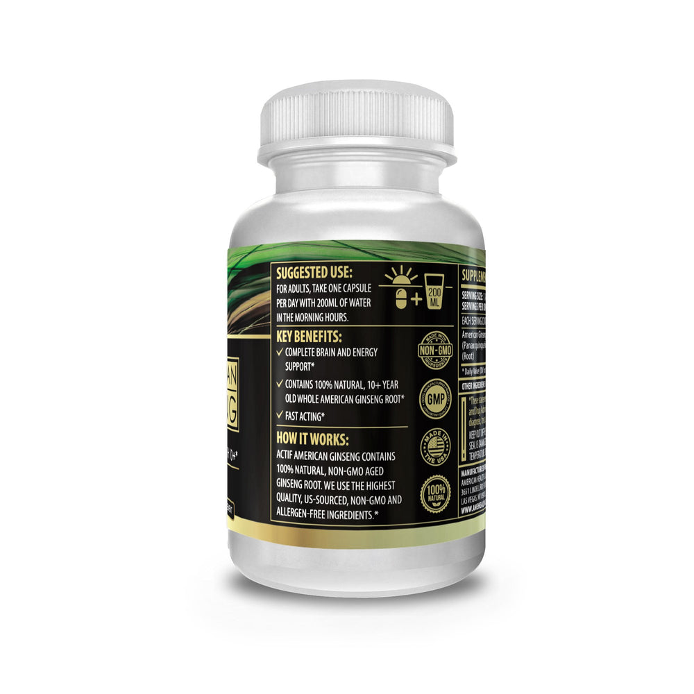 ACTIF American Ginseng label emphasizes Non-GMO and organic ingredients for purity
