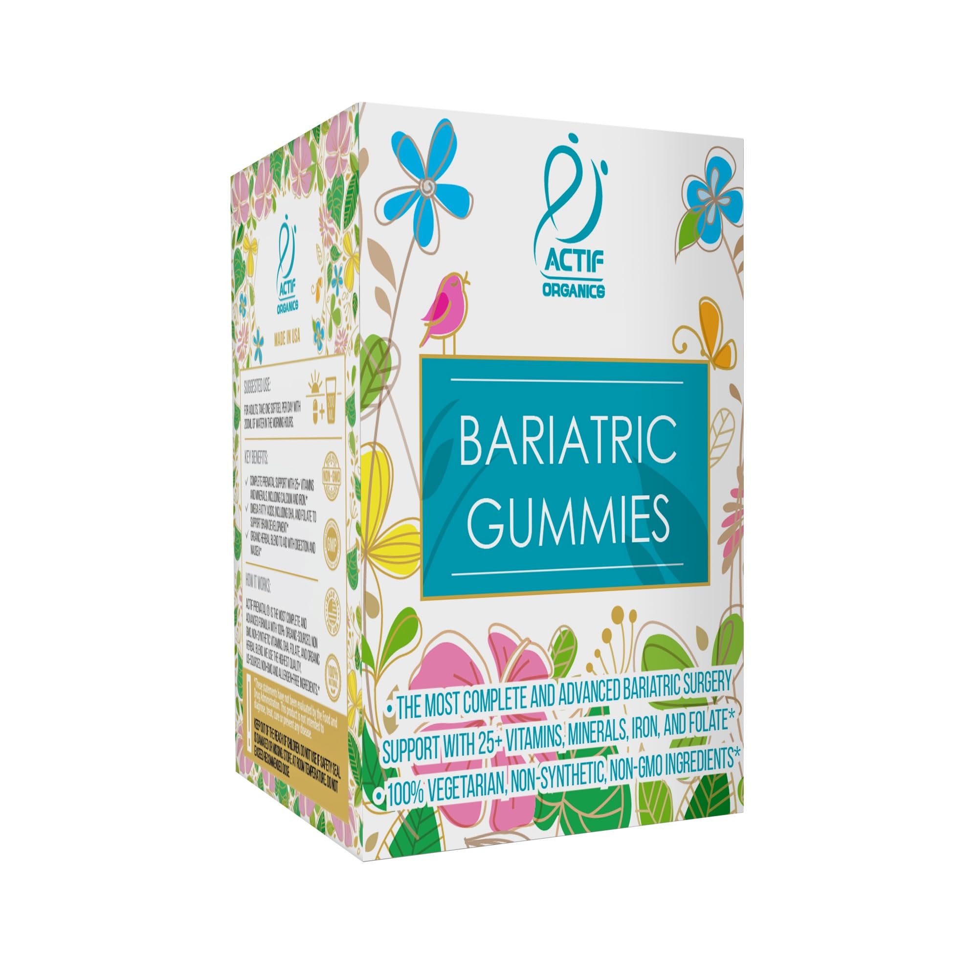 ACTIF Bariatric Gummies bottle close-up highlighting organic ingredients for post-surgery nutrition.