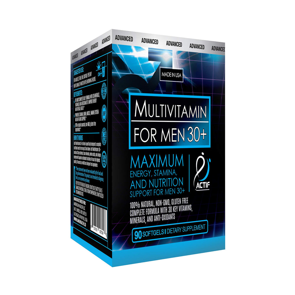ACTIF bottle front label highlights organic multivitamin for men's daily support.