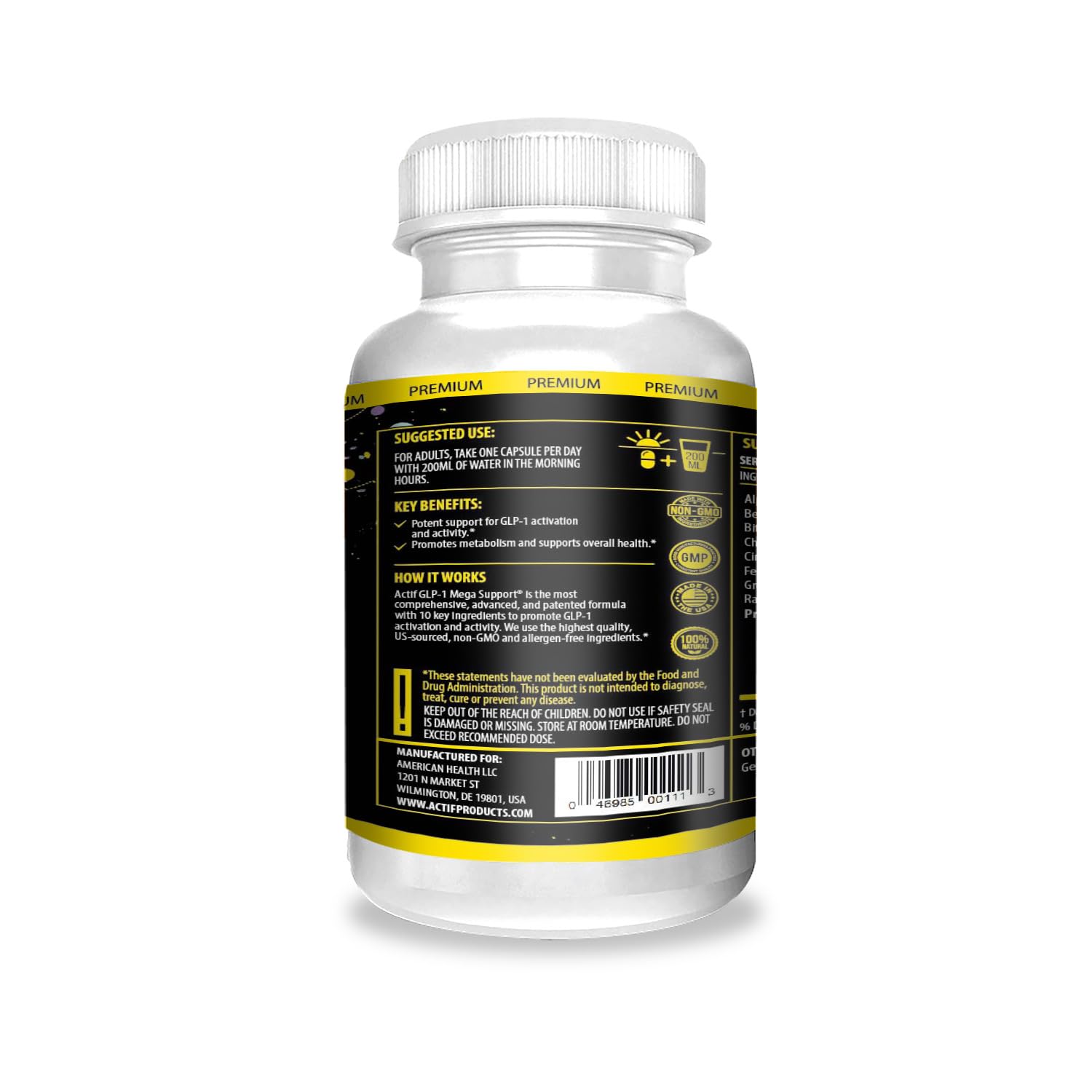 ACTIF GLP-1 Mega Support capsules close-up highlighting the weight-factor blend