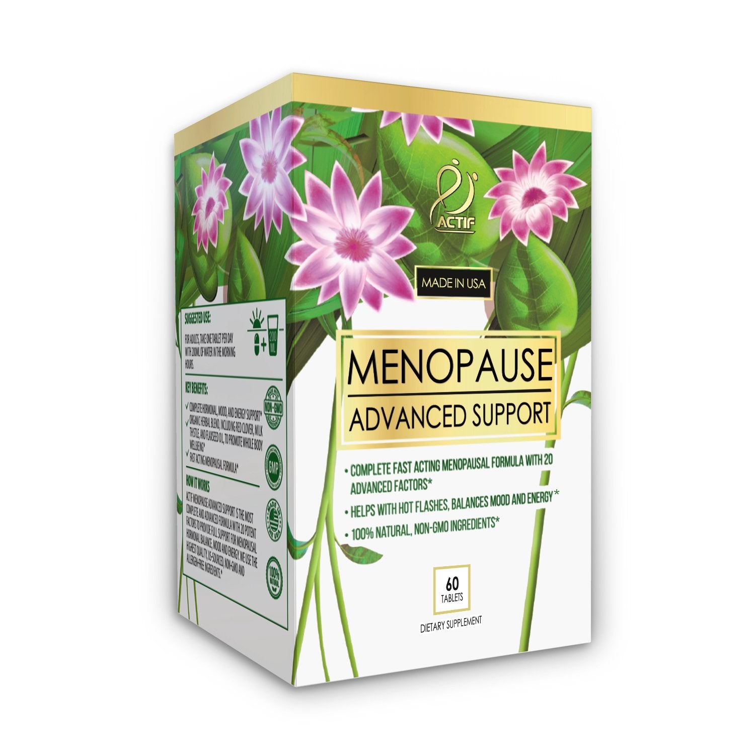 ACTIF Menopause Advanced Support bottle with tablets for daily wellness support.