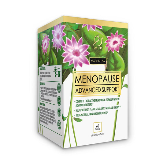 ACTIF Menopause Advanced Support bottle with tablets for daily wellness support.