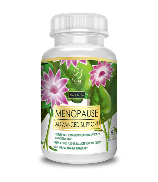 Close-up of ACTIF Menopause Advanced Support tablets, highlighting a daily energy and comfort routine.