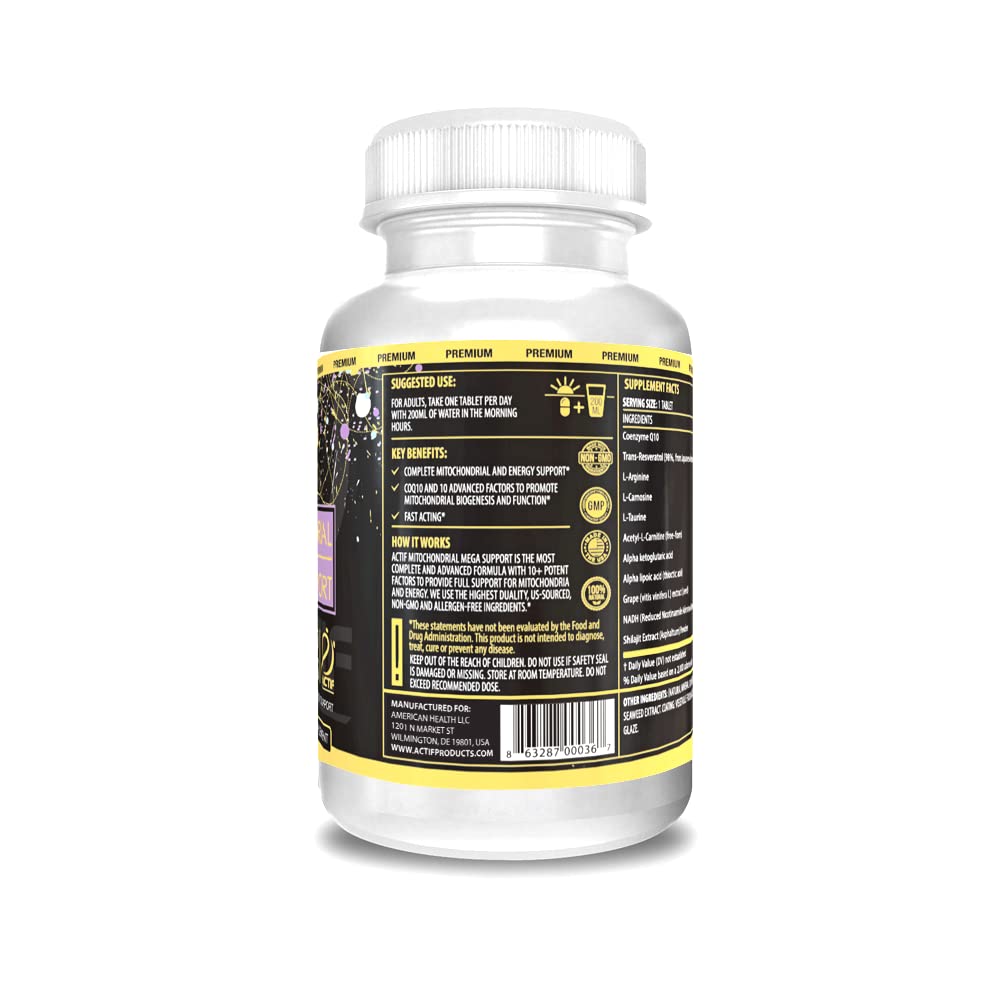 Actif Mitochondrial Mega Support label close-up highlighting liposomal absorption benefits