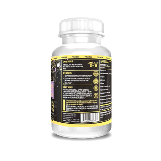 Actif Mitochondrial Mega Support label close-up highlighting liposomal absorption benefits