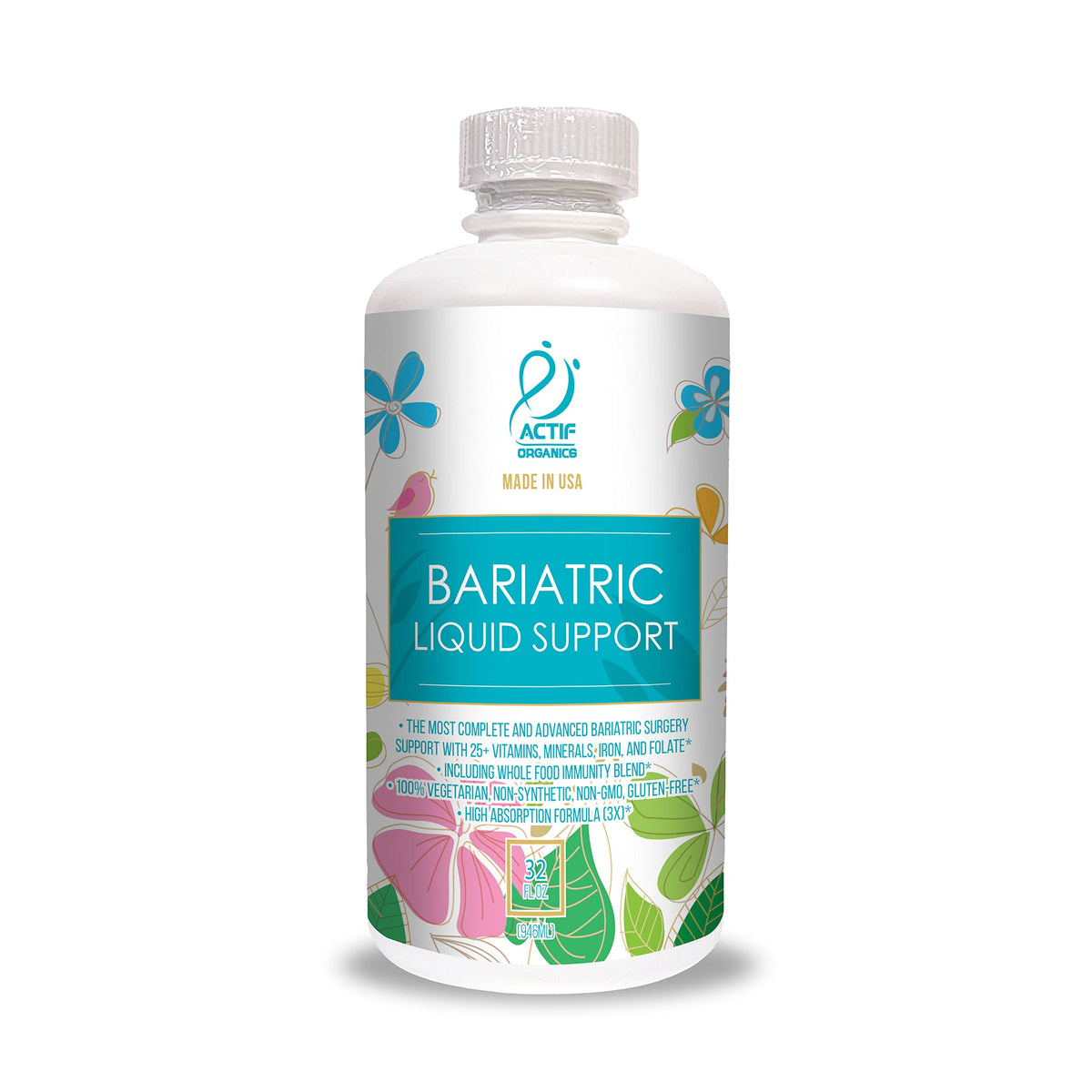 ACTIF Organic Bariatric Liquid Support bottle label shows organic vitamins for post-surgery nutrition
