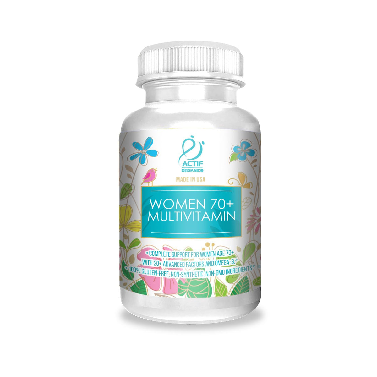 ACTIF Organic Multivitamin for Women 70+ bottle highlights daily vitality support.