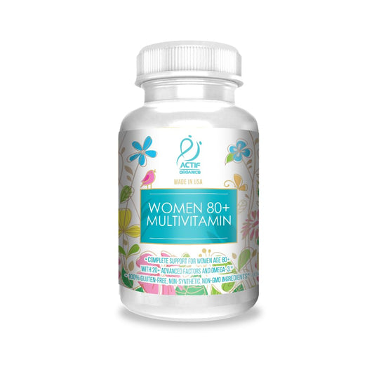 ACTIF organic multivitamin for women 80+ bottle showing omega-3 blend for daily energy.