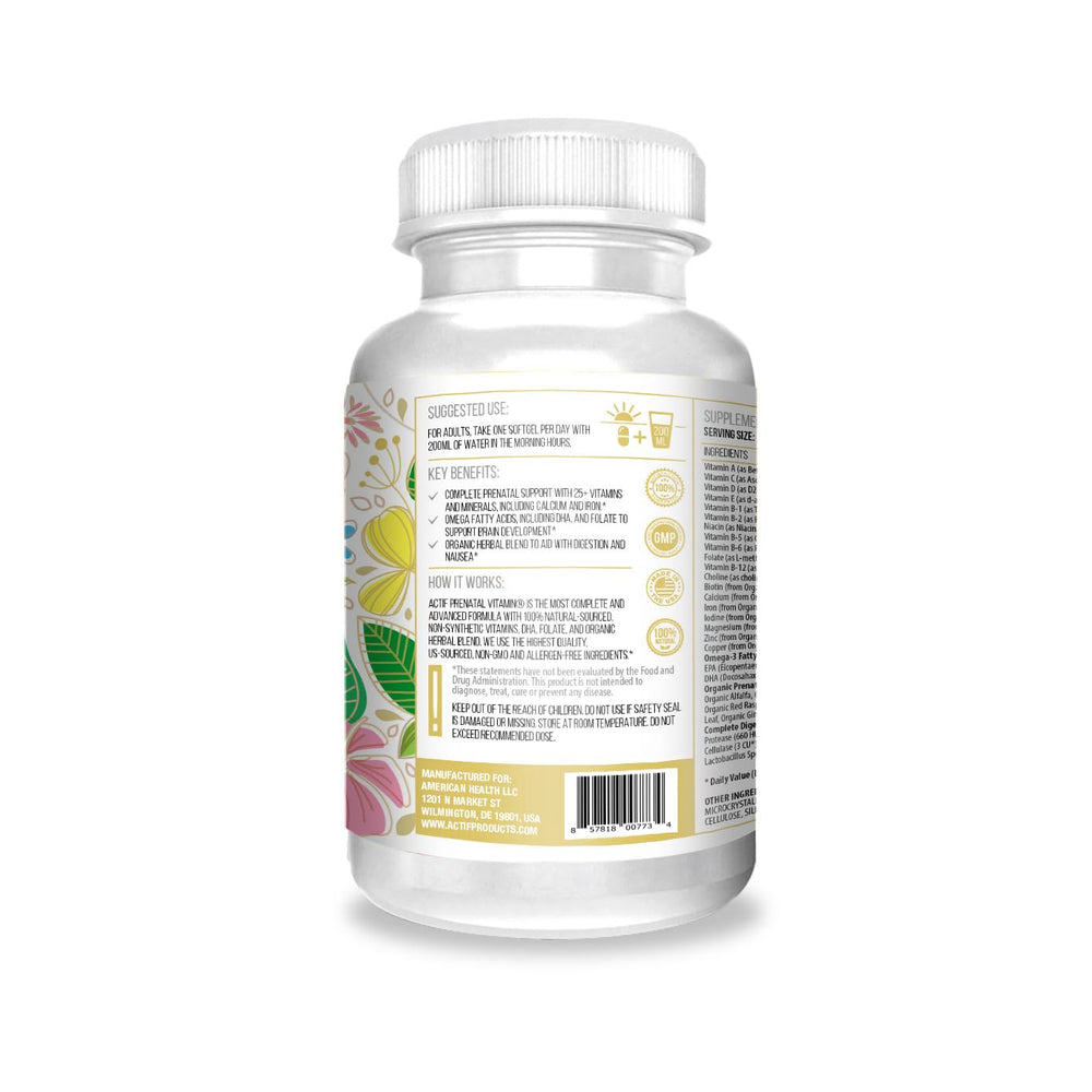 Close-up of ACTIF Prenatal capsules showing extended-release formula for better absorption.