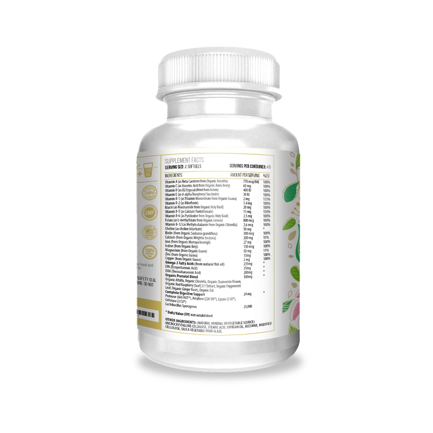 Actif prenatal formula label highlighting folate DHA EPA and 25 organic vitamins.