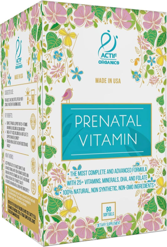 ACTIF Organic Prenatal Vitamin herbal blend closeup; highlights organic ingredients for mom-to-be.