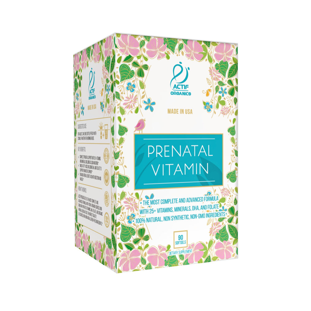 Actif organic prenatal ingredients panel emphasizes non-GMO and gluten free.