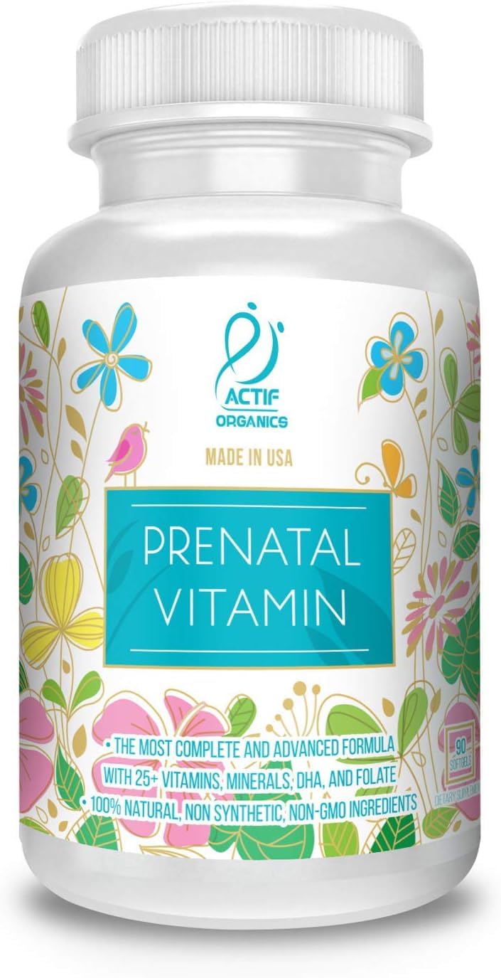 ACTIF Organic Prenatal Vitamin bottle with label visible; supports daily prenatal nutrition.