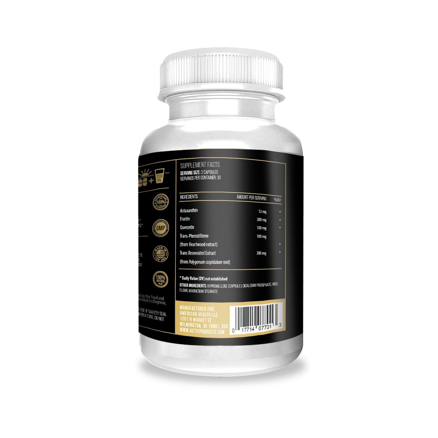 ACTIF Sirtuin Mega Support label highlights 5-in-1 formula and non-GMO quality