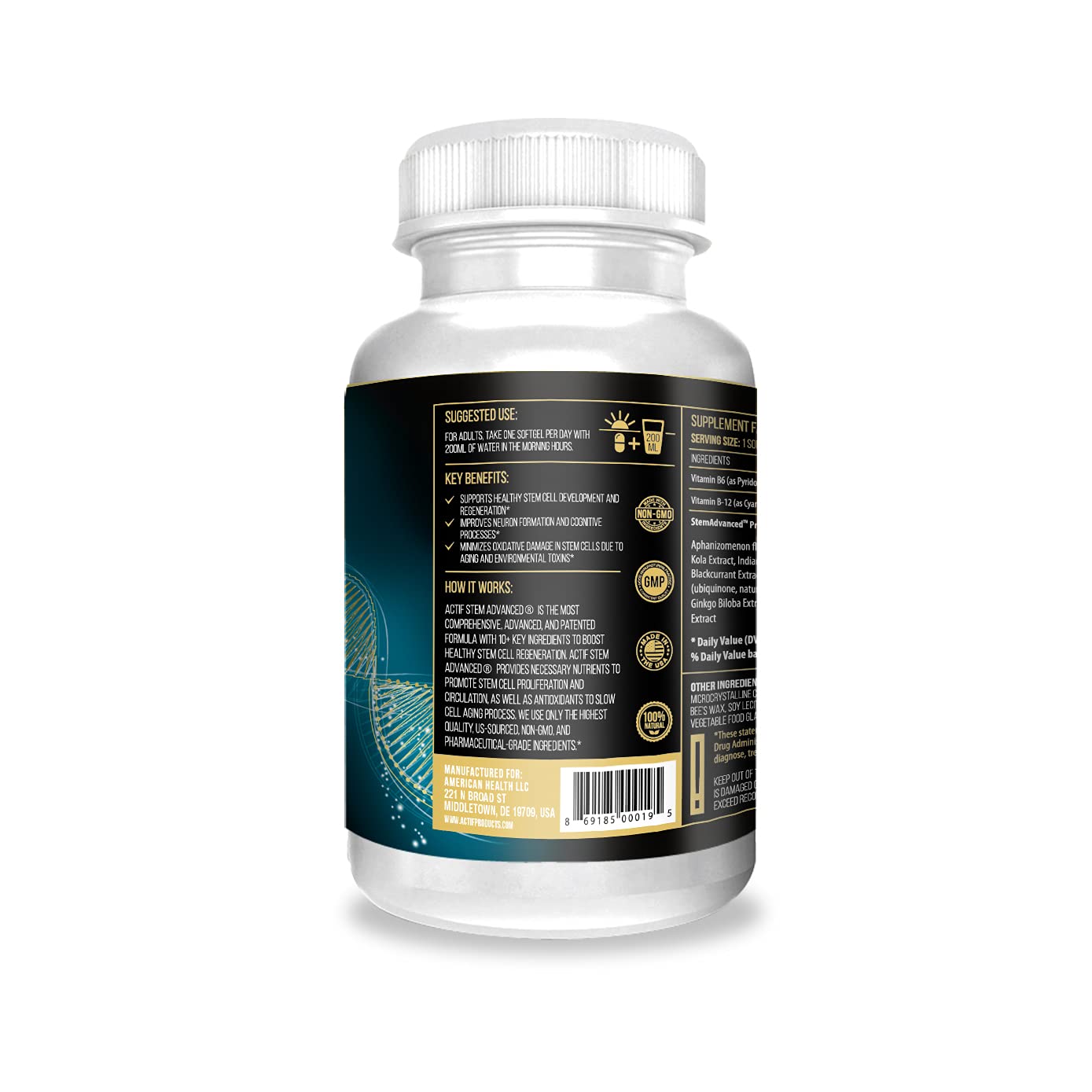 ACTIF STEM Cell Support bottle cap area emphasizes 2-month supply convenience