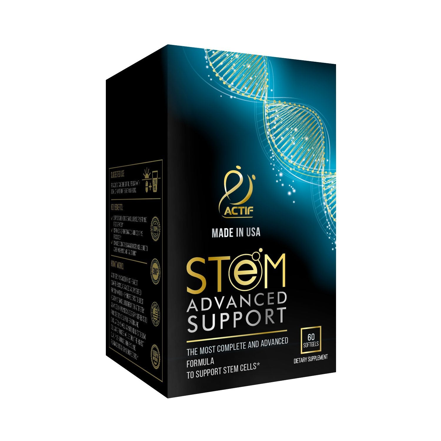 ACTIF STEM Cell Support capsule detail emphasizes non-GMO and gluten-free formulation