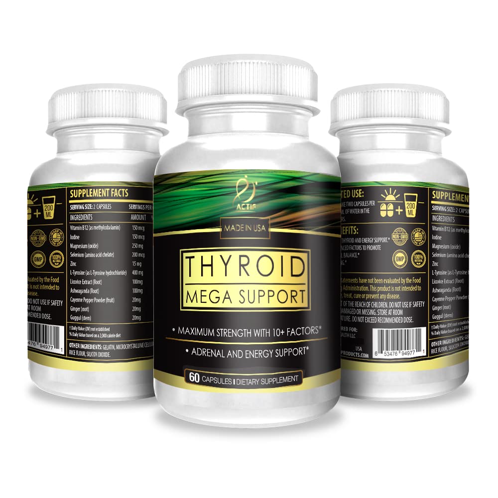 ACTIF Thyroid Mega Support multi-pack tray with pills highlighting energy and focus benefits