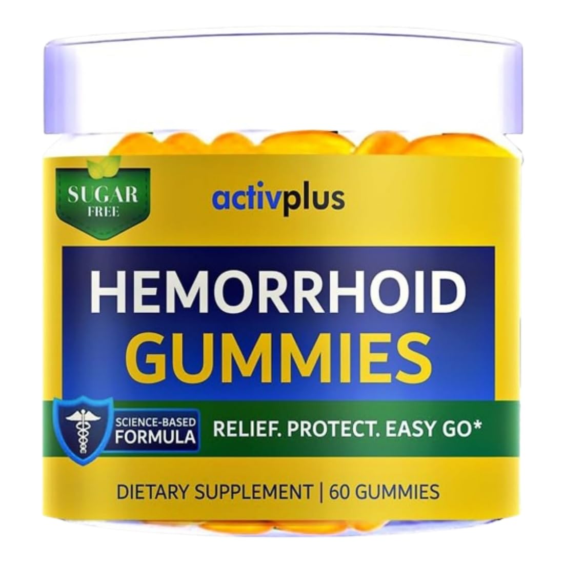 ACTIV PLUS Hemorrhoid Gummies lemon bottle promotes vegan, sugar-free daily use.