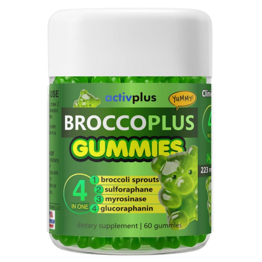 ACTIV PLUS sulforaphane gummies bottle close-up showing vegan formula and fruit flavor