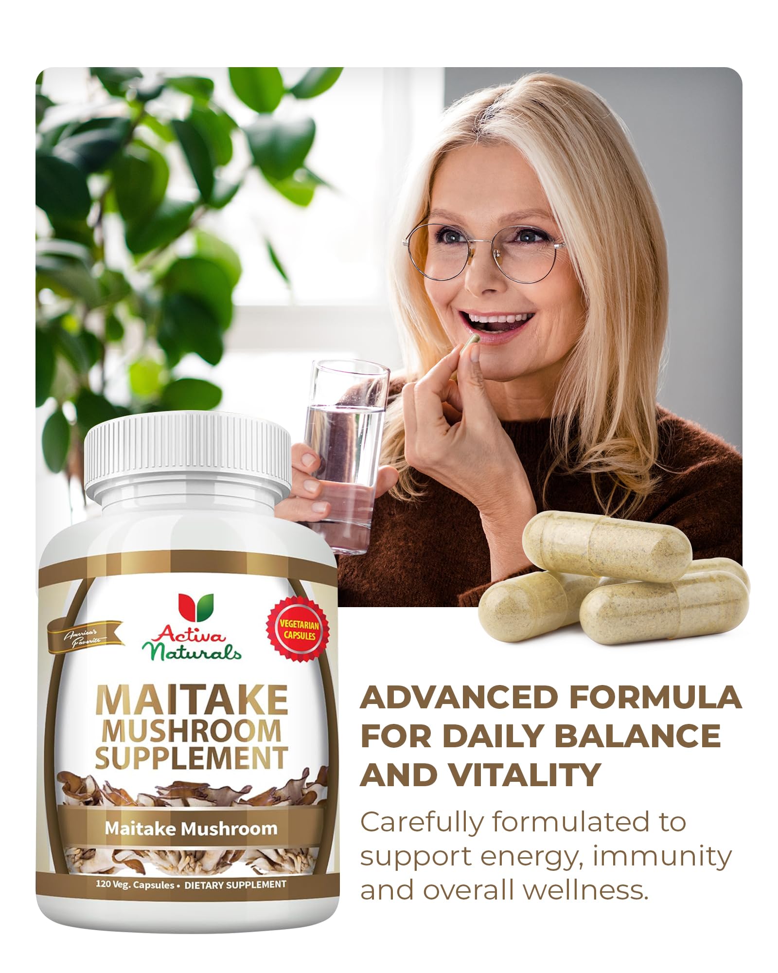 Glass bowl with maitake mushrooms and supplement capsules