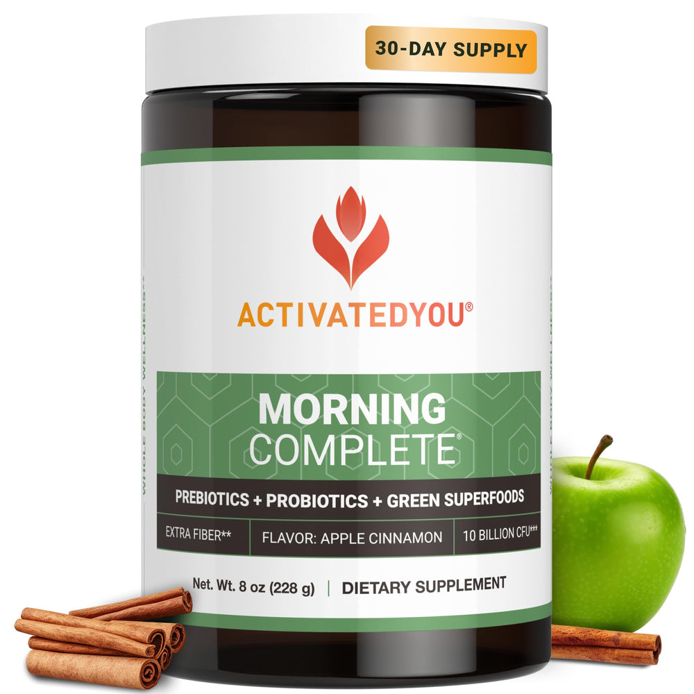ACTIVATEDYOU Morning Complete bottle front highlights Apple Cinnamon flavor for daily gut-friendly energy.