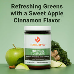 ACTIVATEDYOU Morning Complete bottle pour demonstrates mixable greens for everyday vitality.