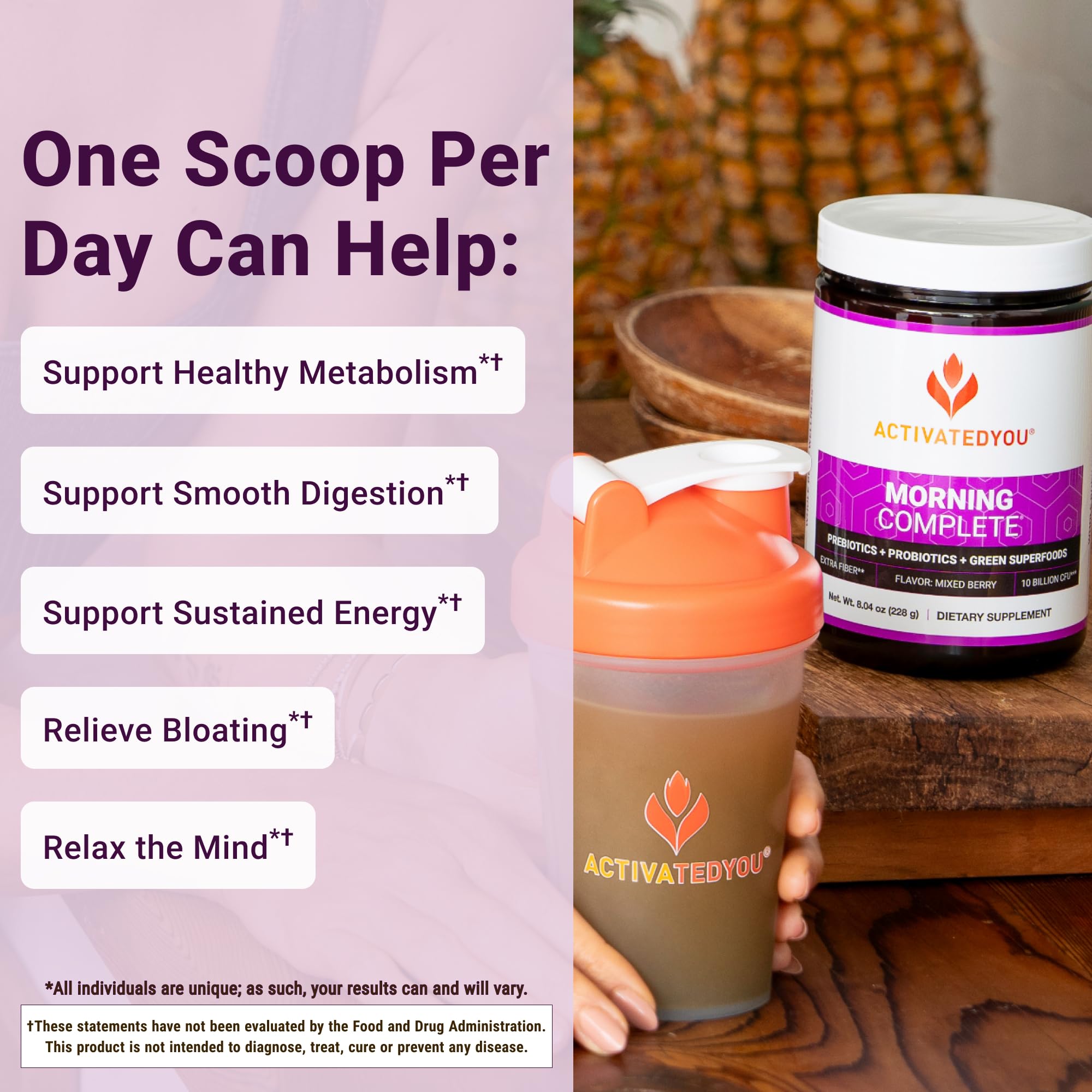 ActivatedYou Morning Complete glass with mixed berry for a refreshing morning pick-me-up.