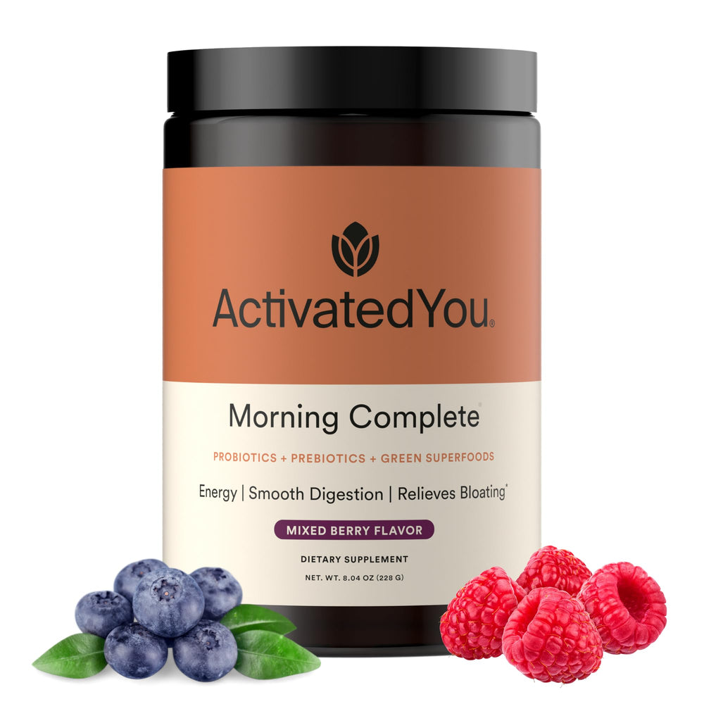 ActivatedYou Morning Complete green powder tub highlights daily greens for energy and gut health support