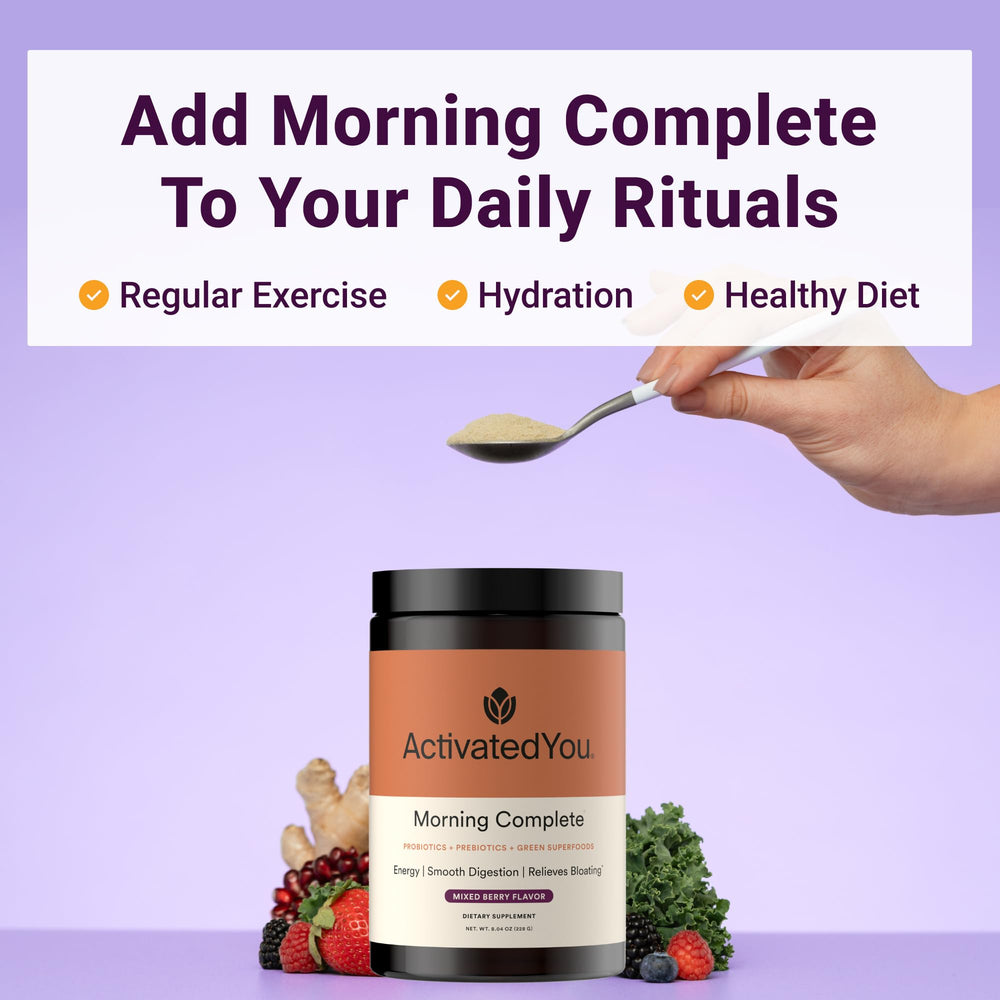 ActivatedYou Morning Complete label close-up with nutrition details.