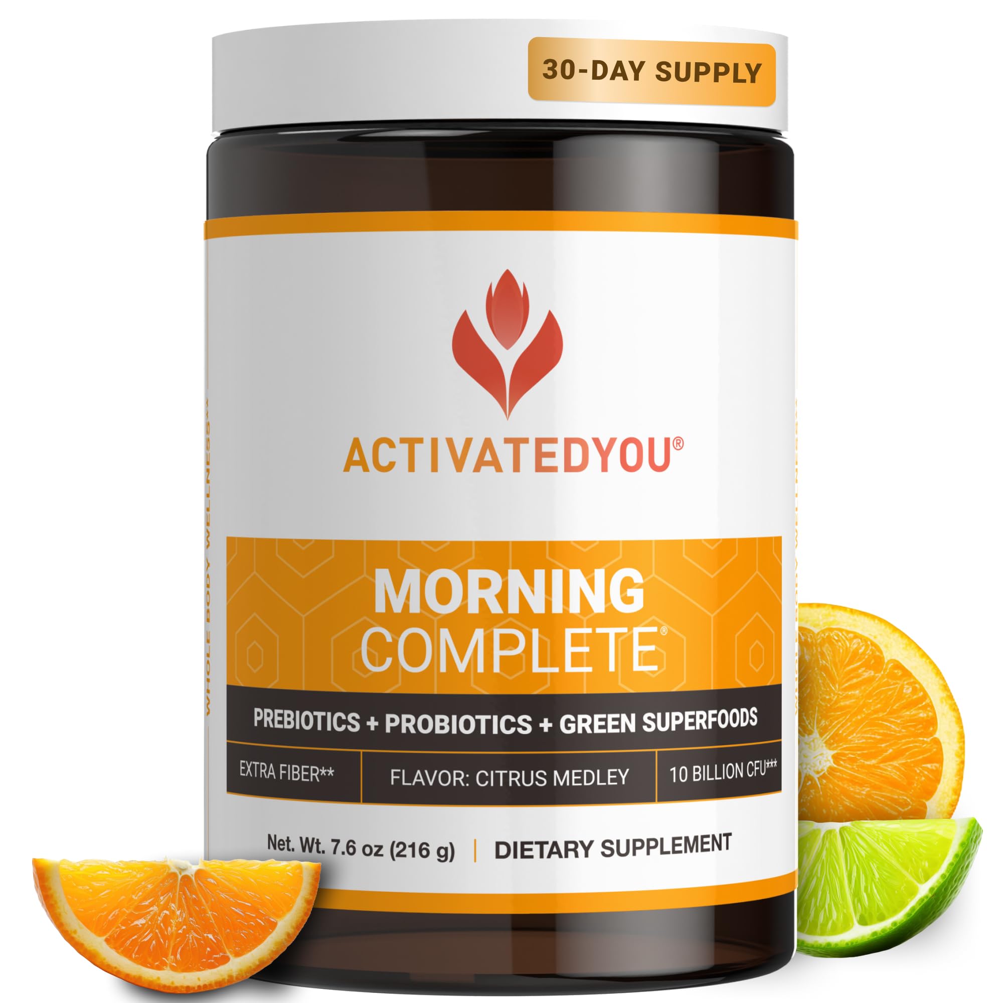 ActivatedYou Morning Complete tub closeup highlighting a gut-friendly greens blend.